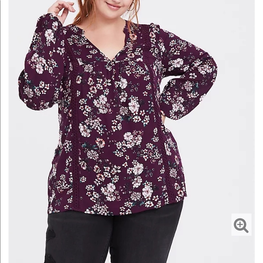 TORRID PURPLE FLORAL LACE CHALLIS TUNIC BLOUSE